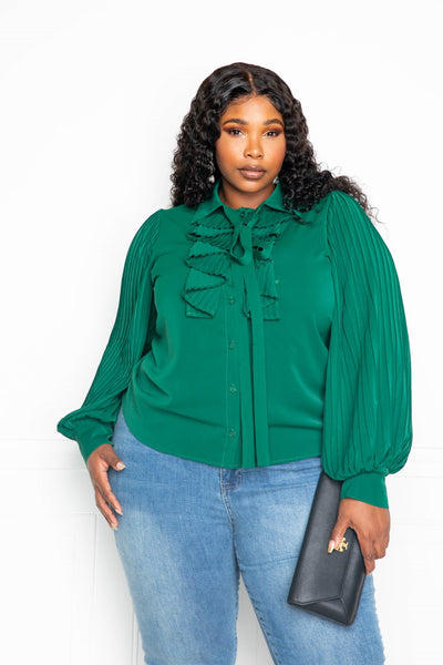 Pleated Sleeve Waterfall Blouse