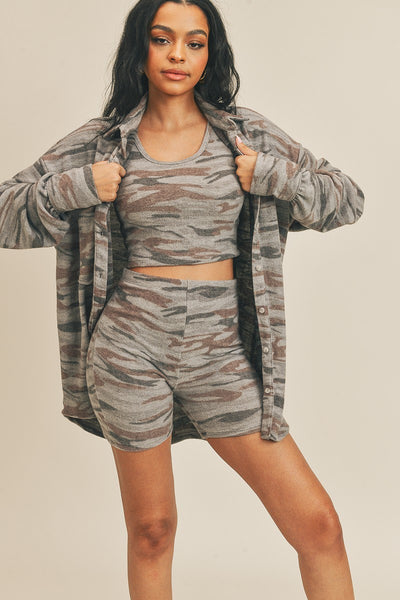 Camo Cardigan Three Piece Set