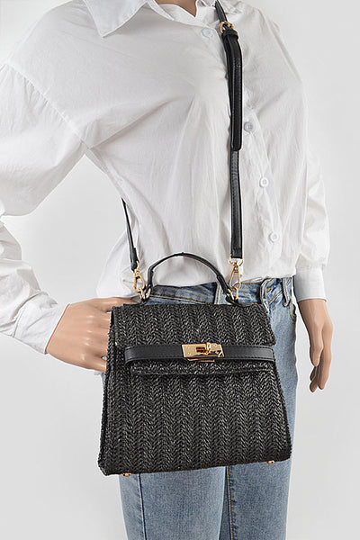 Faux Straw Top Handle Clutch