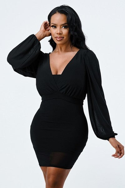 Lux Mesh Bubble Sleeve Bodycon Dress