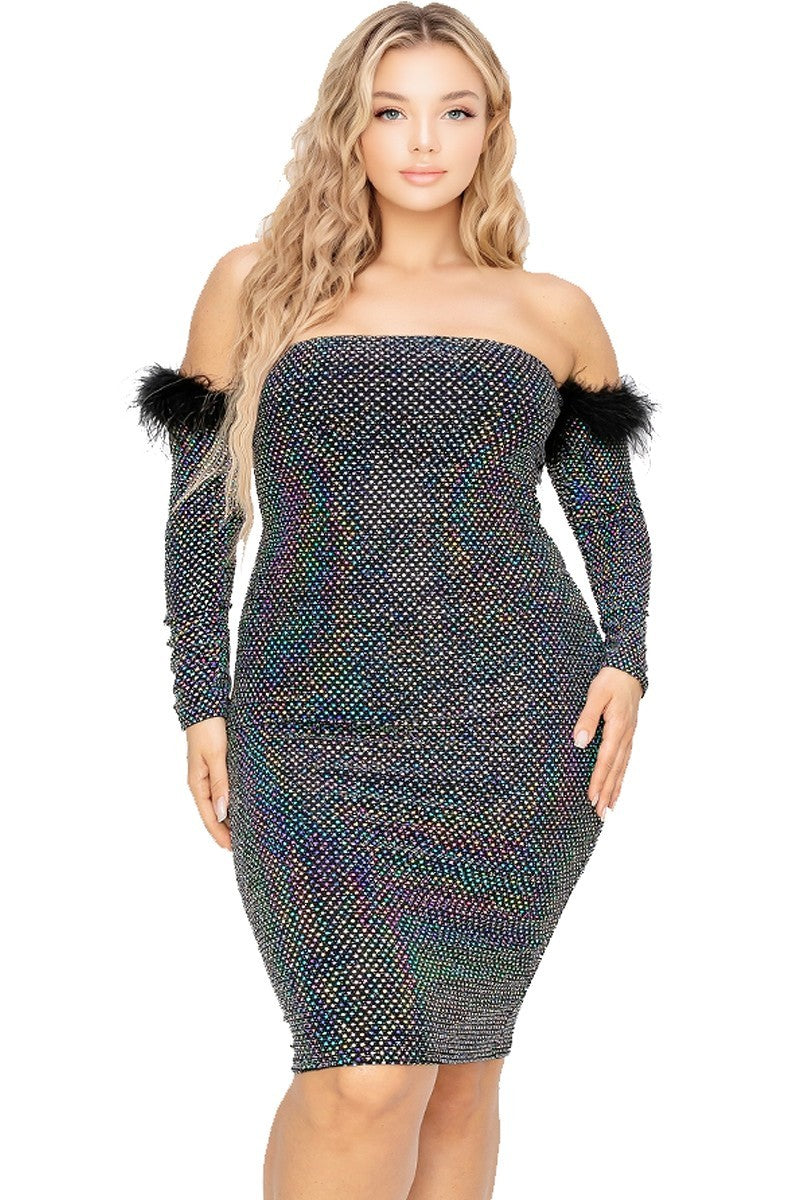 Plus Off Shoulder Feather Trim Sequin Dress