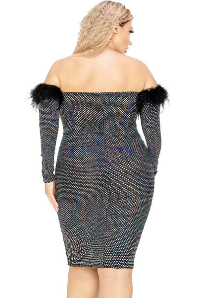 Plus Off Shoulder Feather Trim Sequin Dress