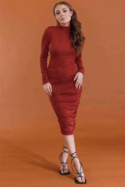 Satin Effect Ruched Open Back Midi Dress