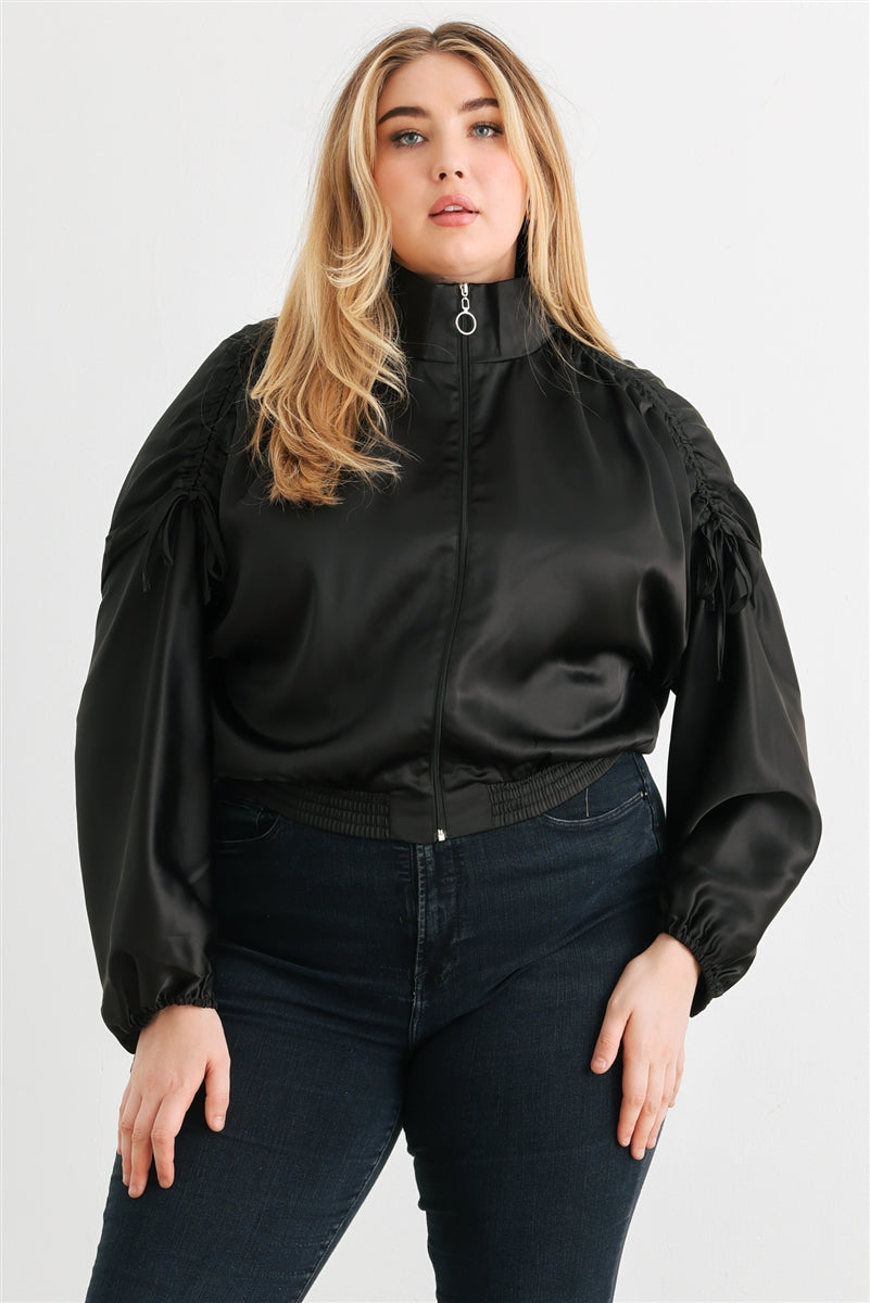 Plus Satin Ruched Cropped Bomber Jacket