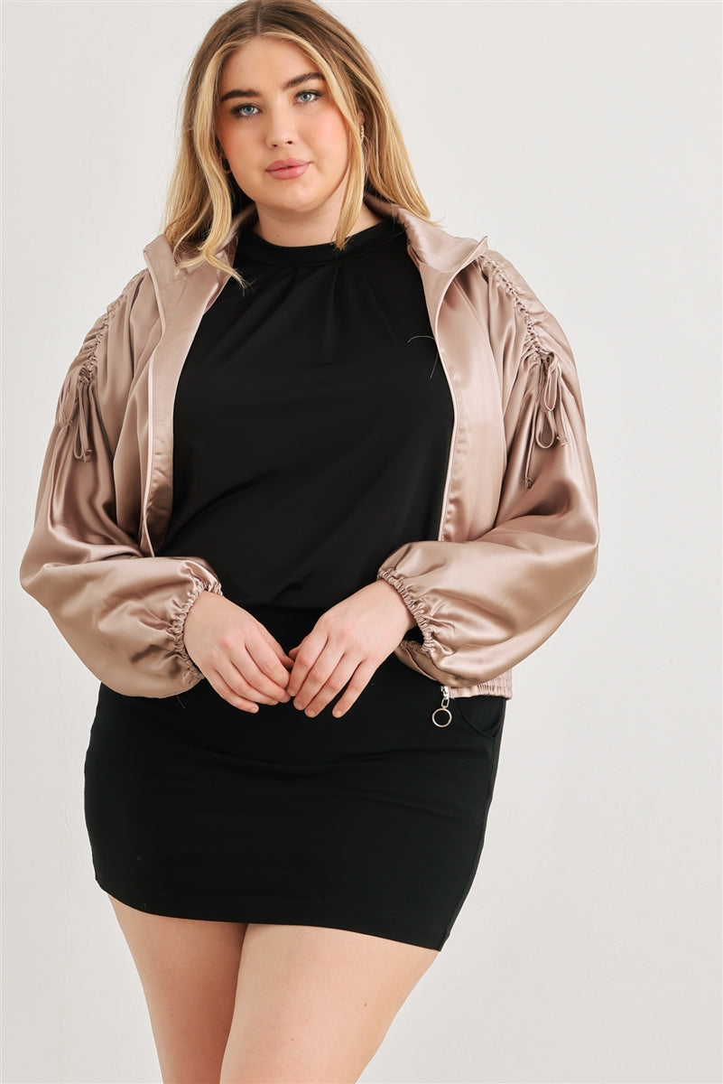 Plus Satin Ruched Cropped Bomber Jacket