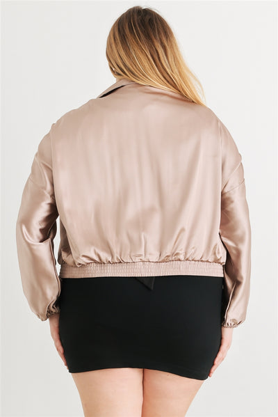 Plus Satin Ruched Cropped Bomber Jacket