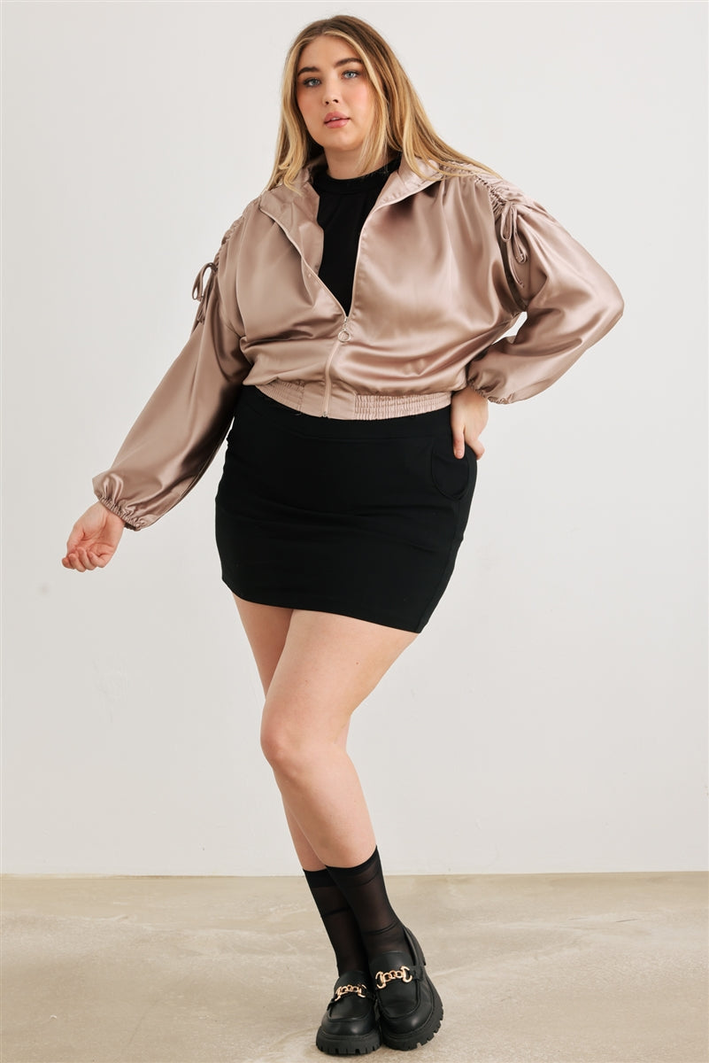 Plus Satin Ruched Cropped Bomber Jacket