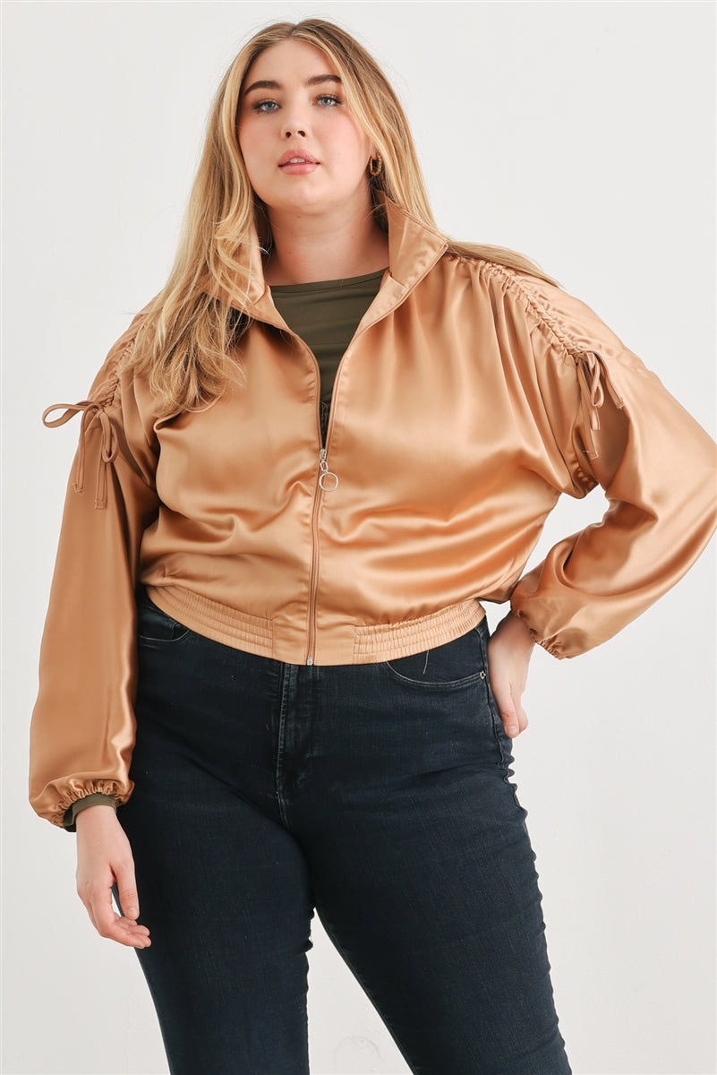 Plus Satin Ruched Cropped Bomber Jacket