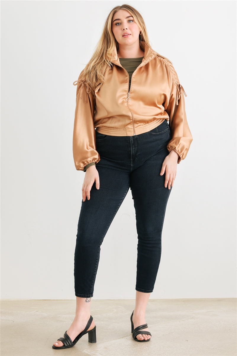 Plus Satin Ruched Cropped Bomber Jacket