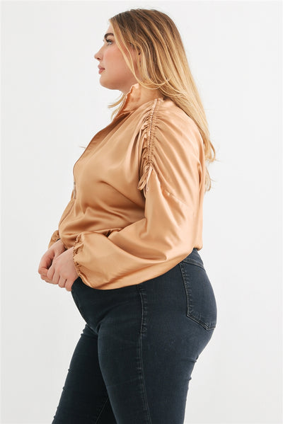 Plus Satin Ruched Cropped Bomber Jacket