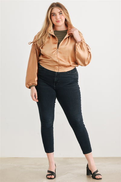 Plus Satin Ruched Cropped Bomber Jacket