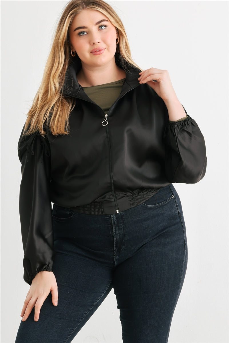 Plus Satin Ruched Cropped Bomber Jacket