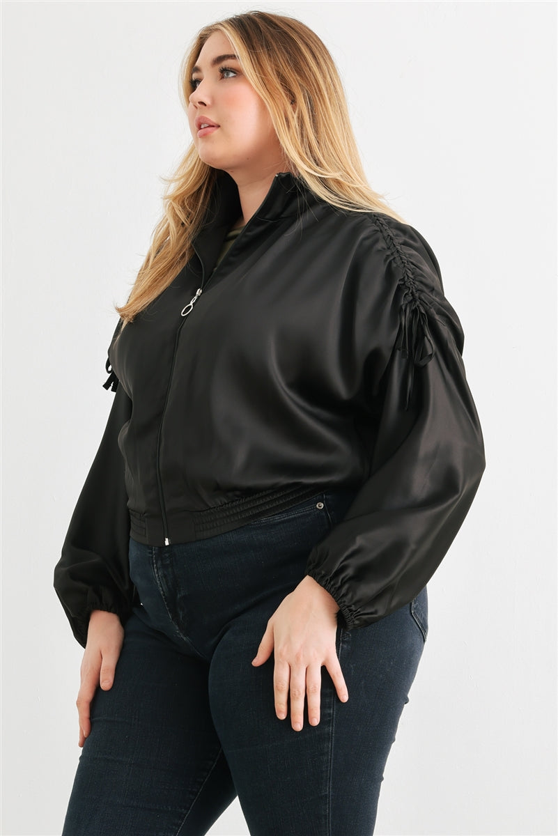 Plus Satin Ruched Cropped Bomber Jacket