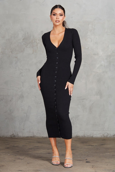 Ribbed Button Front Bodycon Midi Dress