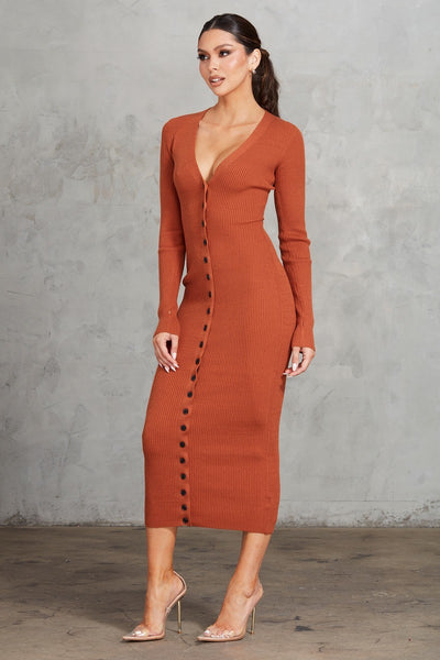 Ribbed Button Front Bodycon Midi Dress