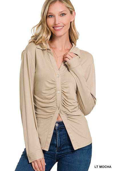 Long Sleeve Button Down Ruched Shirt