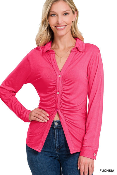 Long Sleeve Button Down Ruched Shirt