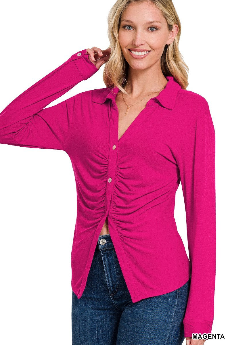 Long Sleeve Button Down Ruched Shirt