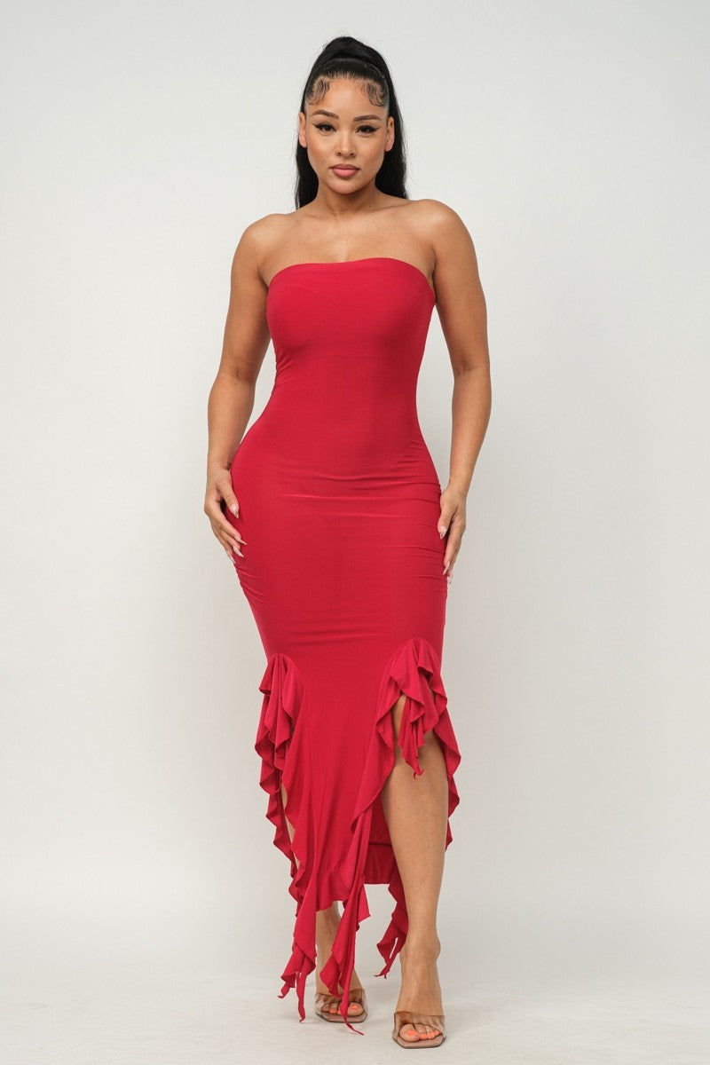 Ruffle Hem Slit Tube Maxi Dress