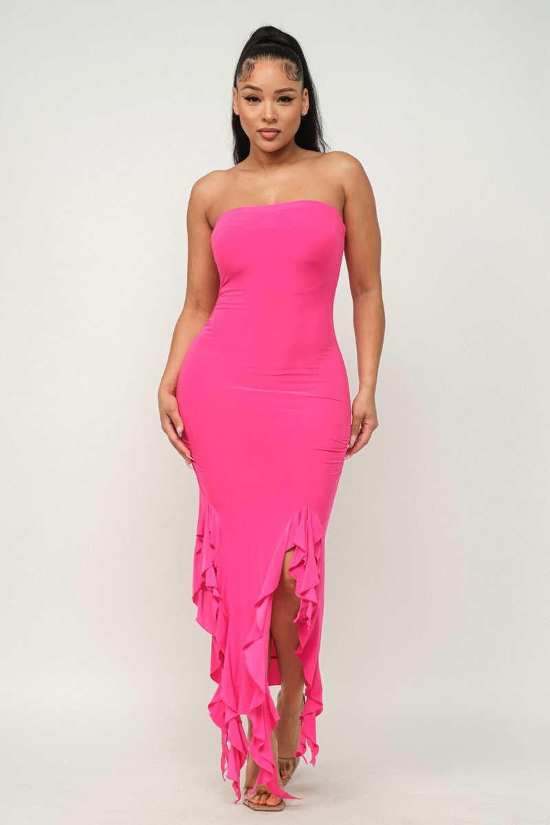 Ruffle Hem Slit Tube Maxi Dress