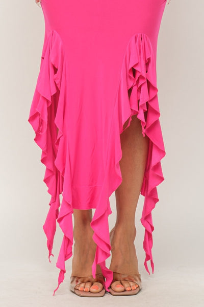 Ruffle Hem Slit Tube Maxi Dress