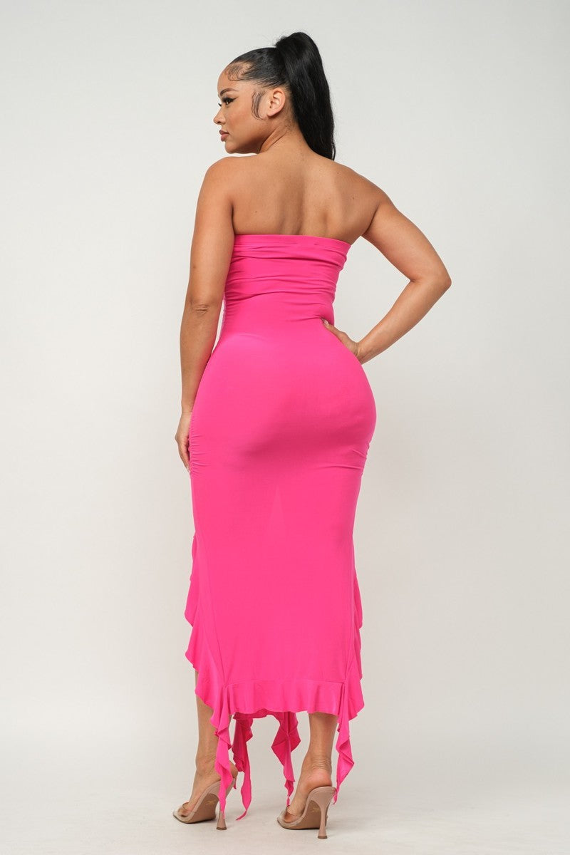 Ruffle Hem Slit Tube Maxi Dress