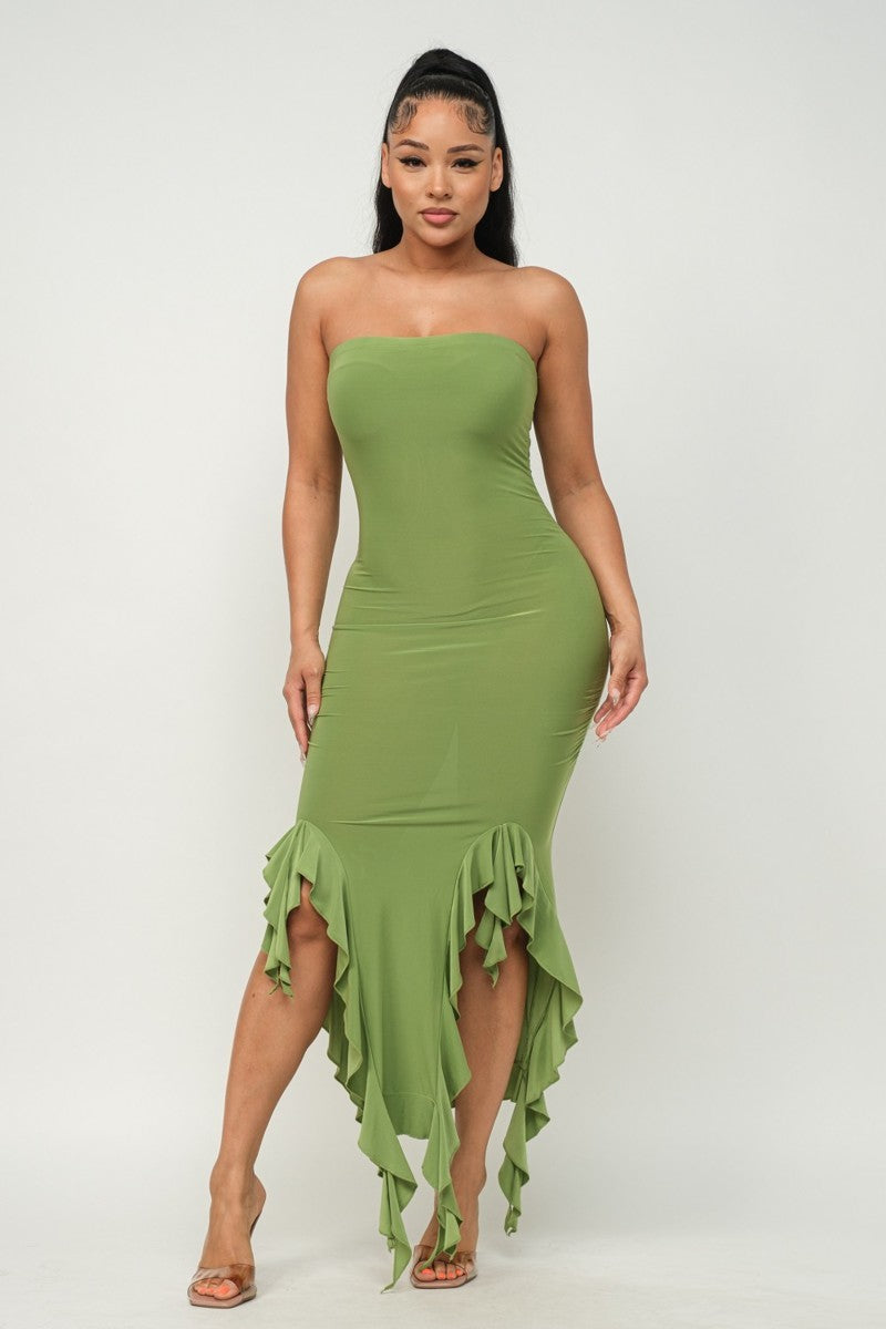 Ruffle Hem Slit Tube Maxi Dress