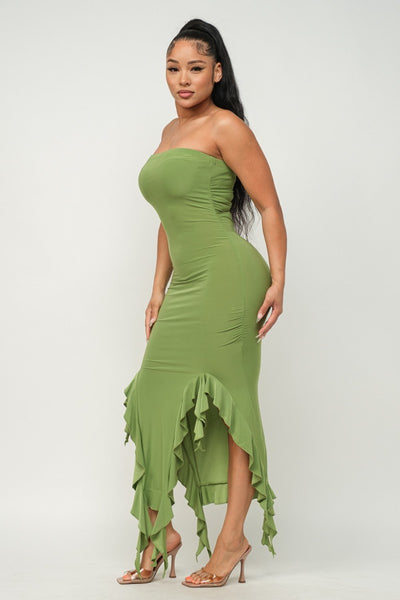 Ruffle Hem Slit Tube Maxi Dress