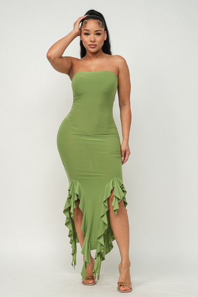 Ruffle Hem Slit Tube Maxi Dress