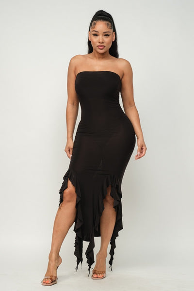 Ruffle Hem Slit Tube Maxi Dress