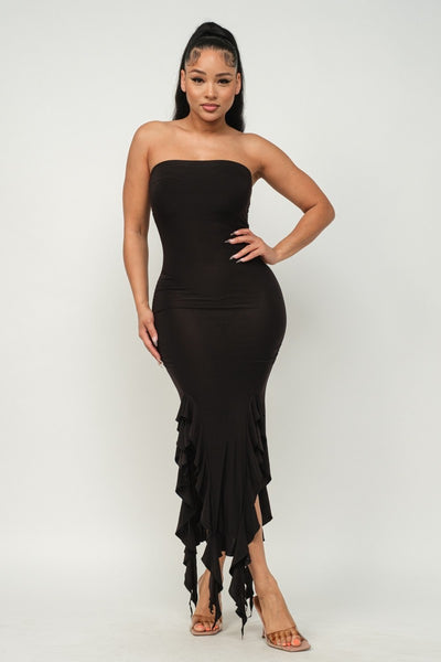 Ruffle Hem Slit Tube Maxi Dress