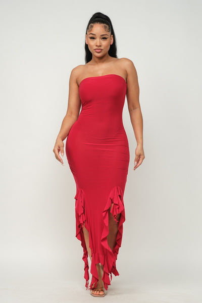 Ruffle Hem Slit Tube Maxi Dress