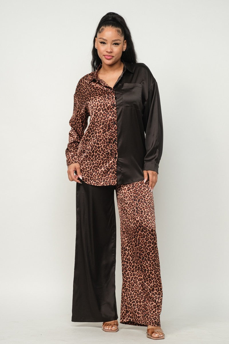 Satin Color Block Animal Print Pants Set