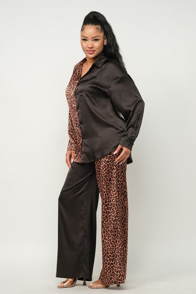 Satin Animal Print And Solid Pants Set