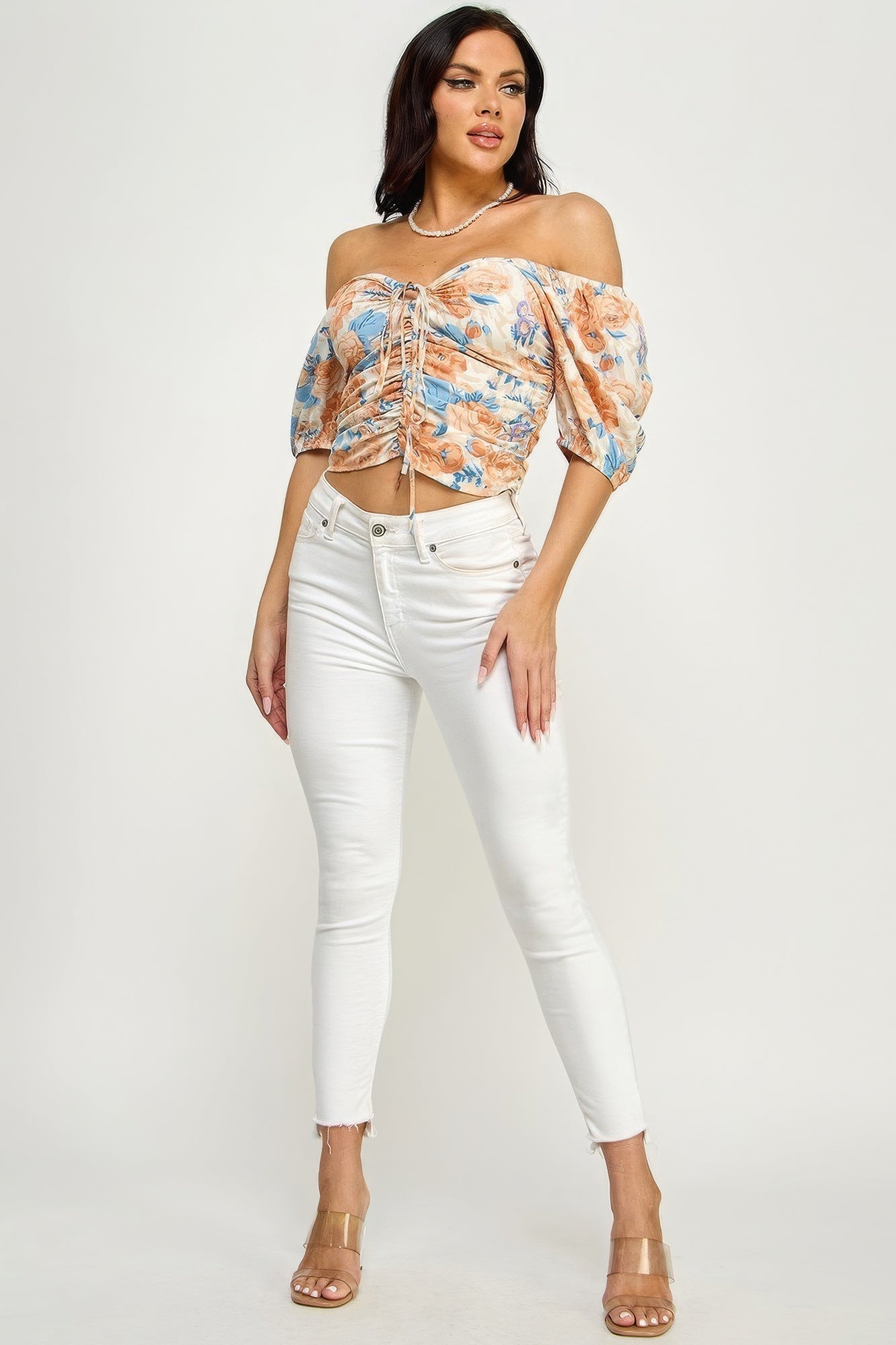 Floral Print Lace Up Ruched Crop Top