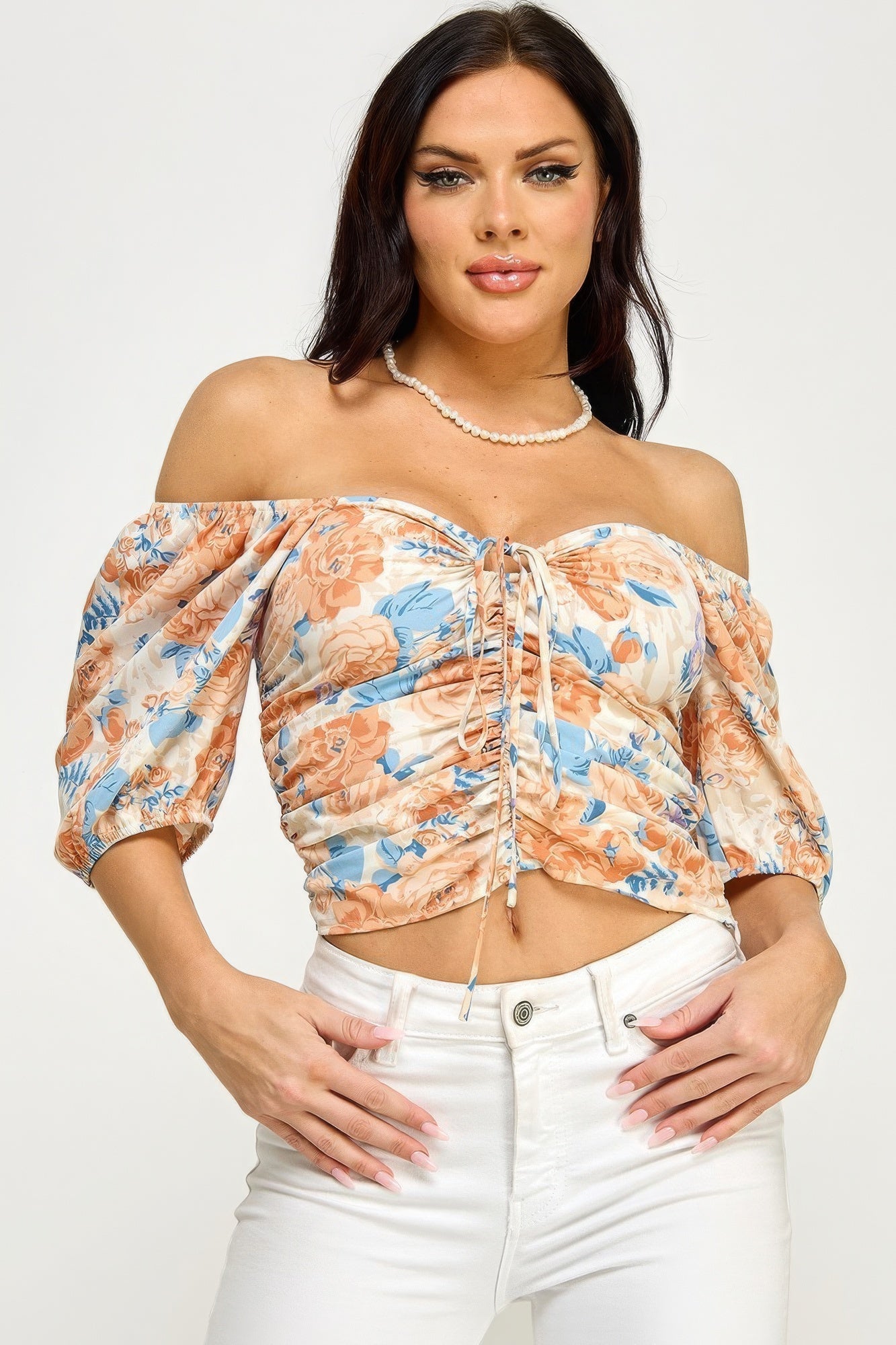 Floral Lace Up Ruched Crop Top