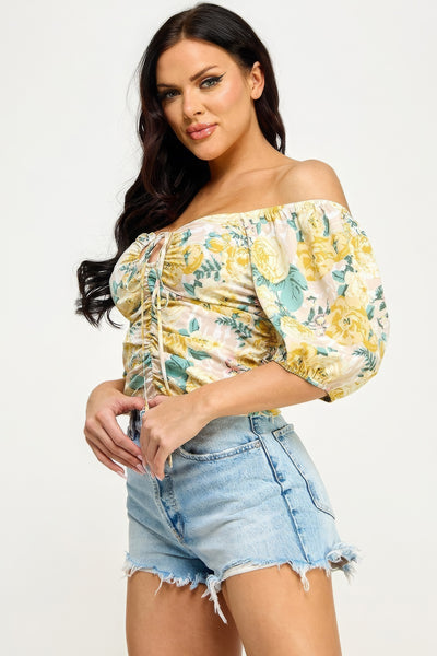 Floral Lace Up Ruched Crop Top