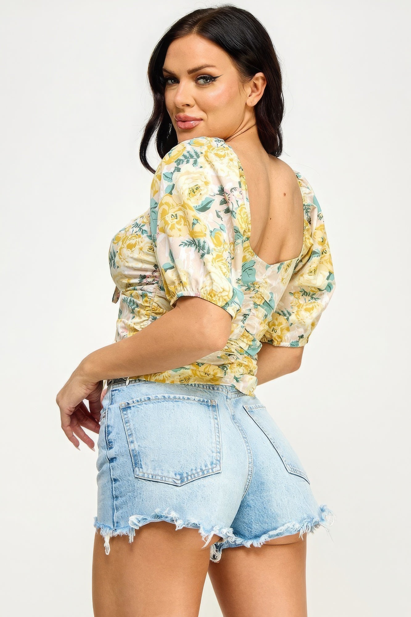 Floral Lace Up Ruched Crop Top