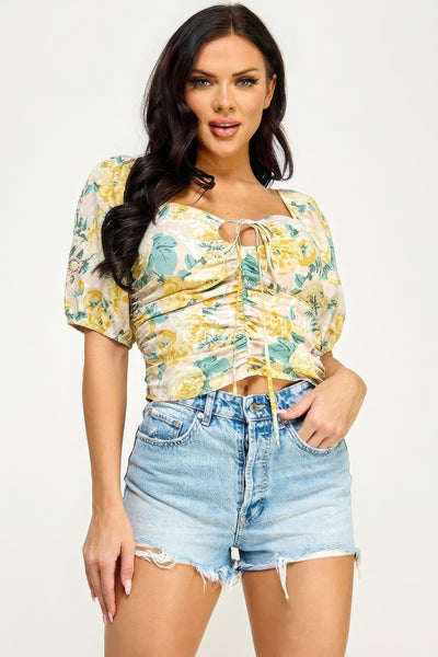 Floral Lace Up Ruched Crop Top